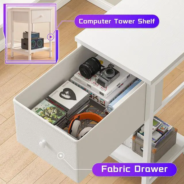 Alt view image 4 of 6 - 48" L- Shaped Computer Desk with LED Light and Power Outlet, Reversible Home Office Desk With Drawer and Shelf, Gaming Desk with Monitor Stand for Gamer, Student, Bedroom, Small Space, White