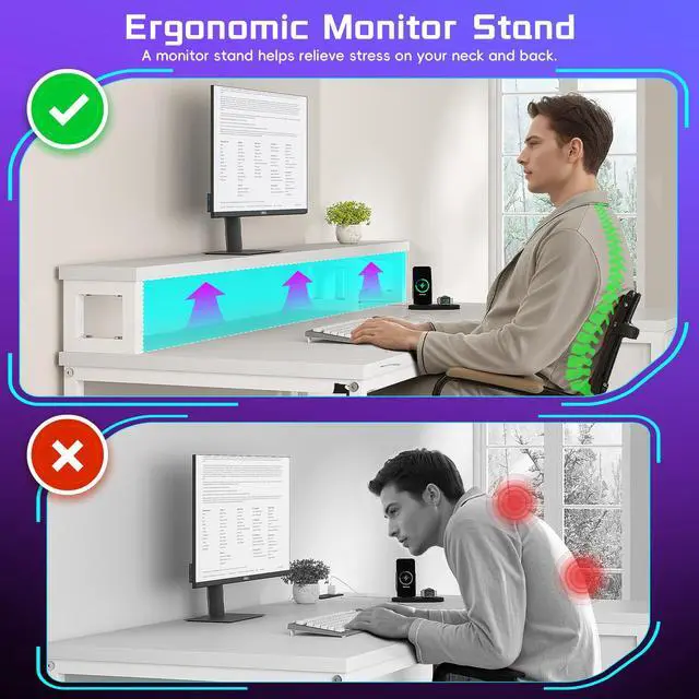 Alt view image 5 of 6 - 48" L- Shaped Computer Desk with LED Light and Power Outlet, Reversible Home Office Desk With Drawer and Shelf, Gaming Desk with Monitor Stand for Gamer, Student, Bedroom, Small Space, White