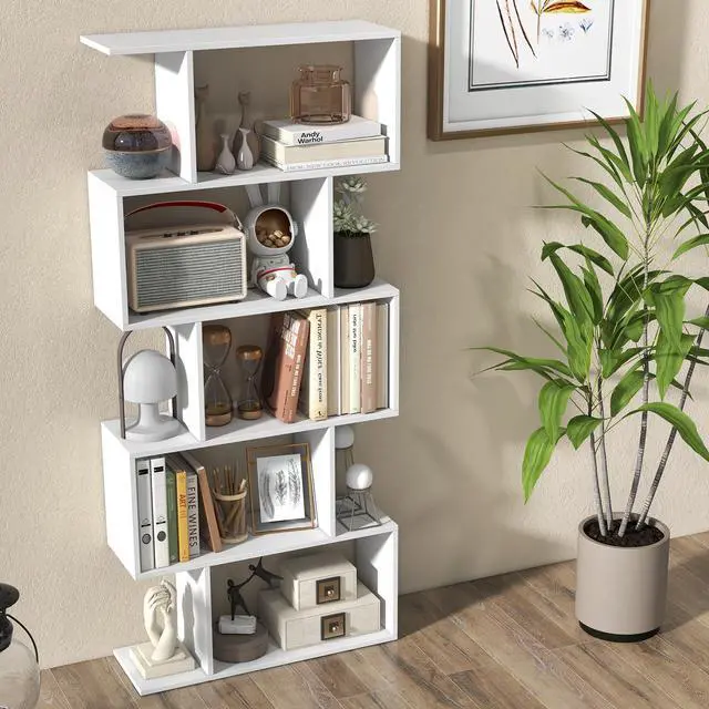 Alt view image 2 of 6 - 5-Tier Geometric Bookshelf White, 62.5" Tall Wood S-Shaped Bookcase with Anti-Tipping Device, Floor Standing Display Shelf for Bedroom, Living Room, Study
