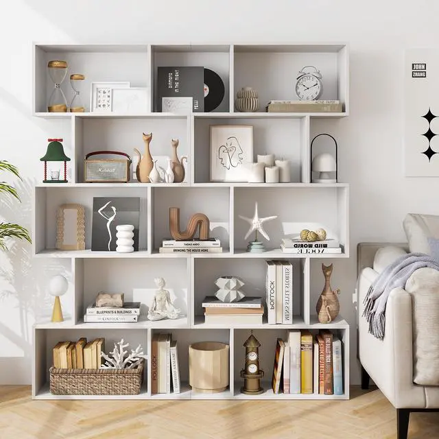 Alt view image 4 of 12 - 5-Tier Geometric Bookshelf Set of 2, 62.5" Tall Wood S-Shaped Bookcase with Anti-Tipping Device, Floor Standing Display Book Shelf for Bedroom, Living Room, Study, White
