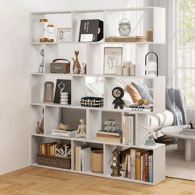 Alt view image 5 of 12 - 5-Tier Geometric Bookshelf Set of 2, 62.5" Tall Wood S-Shaped Bookcase with Anti-Tipping Device, Floor Standing Display Book Shelf for Bedroom, Living Room, Study, White