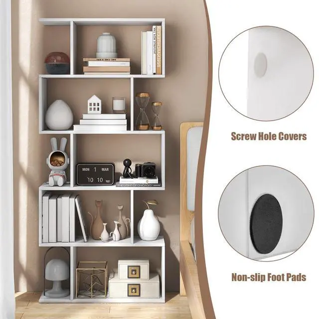 Alt view image 6 of 12 - 5-Tier Geometric Bookshelf Set of 2, 62.5" Tall Wood S-Shaped Bookcase with Anti-Tipping Device, Floor Standing Display Book Shelf for Bedroom, Living Room, Study, White