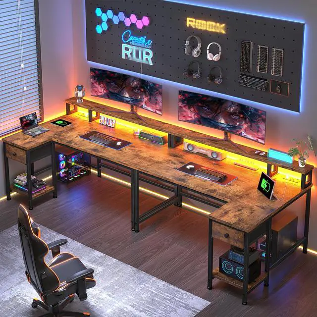 Alt view image 2 of 6 - 40" L- Shaped Computer Desk with LED Lights & Power Outlet,Gaming Desk with Monitor Stand for Gamer,Home Office Desk with Drawer for Student Study Room,Bedroom,Small Working Room,Brown