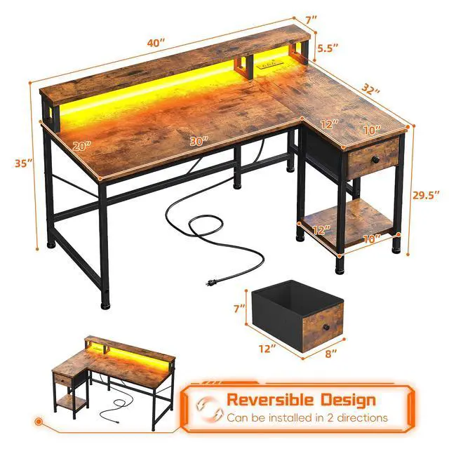 Alt view image 3 of 6 - 40" L- Shaped Computer Desk with LED Lights & Power Outlet,Gaming Desk with Monitor Stand for Gamer,Home Office Desk with Drawer for Student Study Room,Bedroom,Small Working Room,Brown