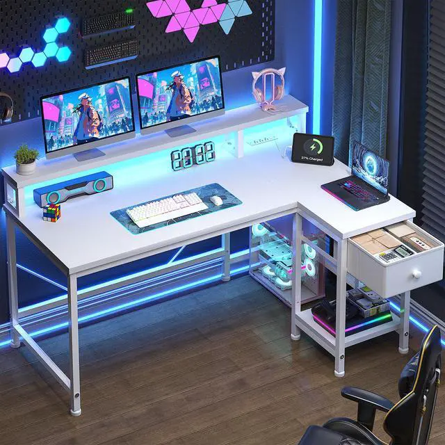 Alt view image 2 of 12 - 40" L- Shaped Computer Desk with LED Lights & Power Outlet,Gaming Desk with Monitor Stand for Gamer,Home Office Desk with Drawer for Student Study Room,Bedroom,Small Working Room,White
