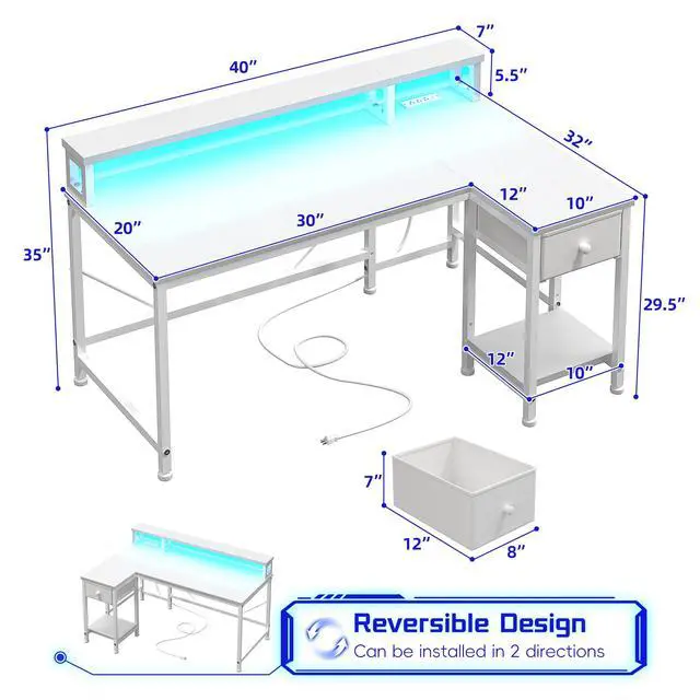 Alt view image 3 of 12 - 40" L- Shaped Computer Desk with LED Lights & Power Outlet,Gaming Desk with Monitor Stand for Gamer,Home Office Desk with Drawer for Student Study Room,Bedroom,Small Working Room,White