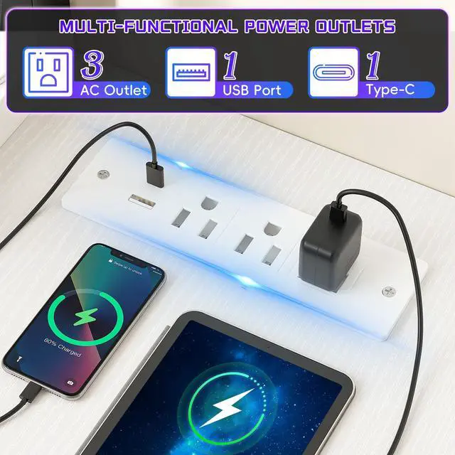 Alt view image 5 of 12 - 40" L- Shaped Computer Desk with LED Lights & Power Outlet,Gaming Desk with Monitor Stand for Gamer,Home Office Desk with Drawer for Student Study Room,Bedroom,Small Working Room,White