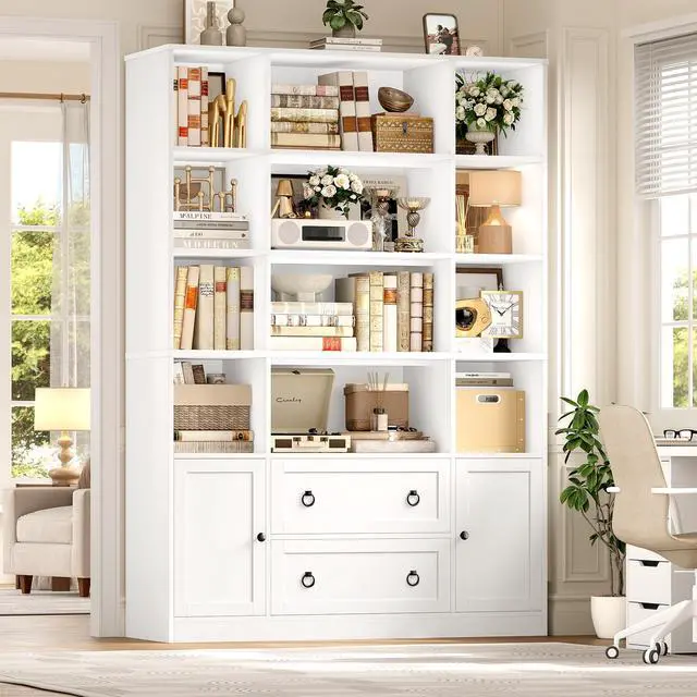 Main image of 71" H White Bookshelf with Doors, 6 Tier Tall Bookcase with Drawers, Triple Wide Large Bookshelves and Bookcases, Wood Book Shelf Storage Cabinet for Home Office, White