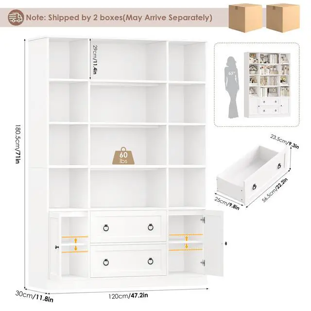 Alt view image 2 of 6 - 71" H White Bookshelf with Doors, 6 Tier Tall Bookcase with Drawers, Triple Wide Large Bookshelves and Bookcases, Wood Book Shelf Storage Cabinet for Home Office, White