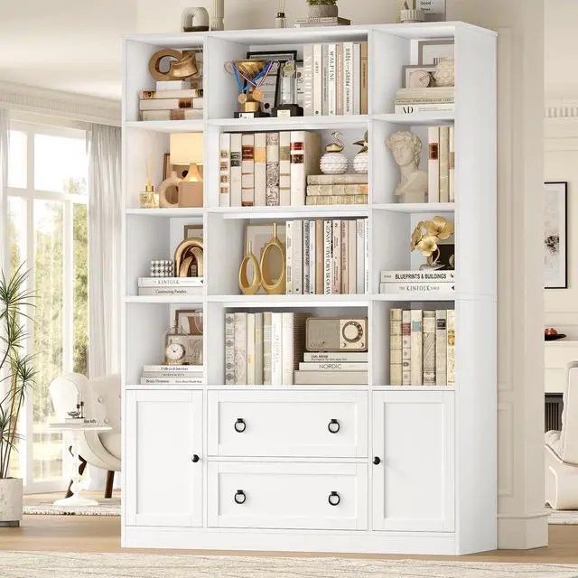 Alt view image 3 of 6 - 71" H White Bookshelf with Doors, 6 Tier Tall Bookcase with Drawers, Triple Wide Large Bookshelves and Bookcases, Wood Book Shelf Storage Cabinet for Home Office, White