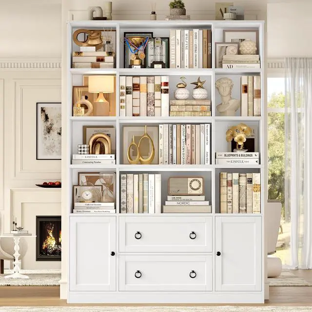 Alt view image 4 of 6 - 71" H White Bookshelf with Doors, 6 Tier Tall Bookcase with Drawers, Triple Wide Large Bookshelves and Bookcases, Wood Book Shelf Storage Cabinet for Home Office, White