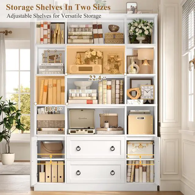 Alt view image 5 of 6 - 71" H White Bookshelf with Doors, 6 Tier Tall Bookcase with Drawers, Triple Wide Large Bookshelves and Bookcases, Wood Book Shelf Storage Cabinet for Home Office, White