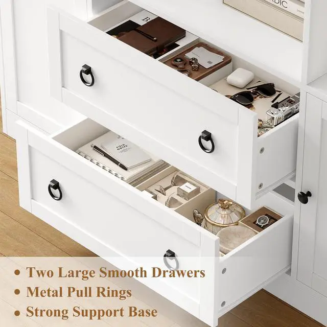 Alt view image 6 of 6 - 71" H White Bookshelf with Doors, 6 Tier Tall Bookcase with Drawers, Triple Wide Large Bookshelves and Bookcases, Wood Book Shelf Storage Cabinet for Home Office, White