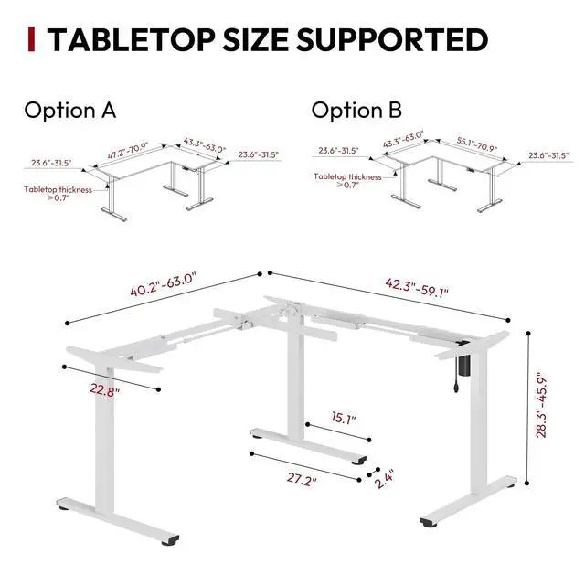 Alt view image 3 of 6 - Electric Height Adjustable 3 Leg Corner Desk Frame, up to 220lbs, Sit Stand Ergonomic L Shaped Frame Only, White