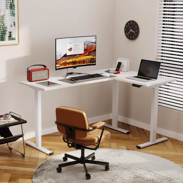 Alt view image 6 of 6 - Electric Height Adjustable 3 Leg Corner Desk Frame, up to 220lbs, Sit Stand Ergonomic L Shaped Frame Only, White