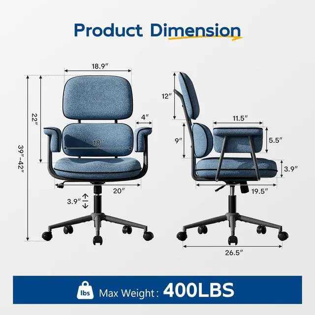Alt view image 2 of 6 - Blue Office Chair, Memory Foam Seat Mid Century Modern Desk Chair | 3.9" Sloped U-Shaped Memory Foam Cushion, Granular Linen Fabric, Lumbar Support, 1.2mm Sturdy Metal Tube, 400LBS Capacity
