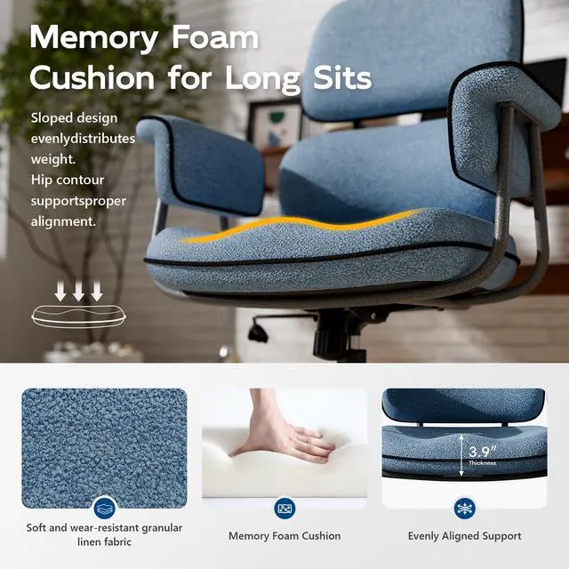 Alt view image 3 of 6 - Blue Office Chair, Memory Foam Seat Mid Century Modern Desk Chair | 3.9" Sloped U-Shaped Memory Foam Cushion, Granular Linen Fabric, Lumbar Support, 1.2mm Sturdy Metal Tube, 400LBS Capacity