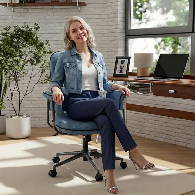 Alt view image 6 of 6 - Blue Office Chair, Memory Foam Seat Mid Century Modern Desk Chair | 3.9" Sloped U-Shaped Memory Foam Cushion, Granular Linen Fabric, Lumbar Support, 1.2mm Sturdy Metal Tube, 400LBS Capacity
