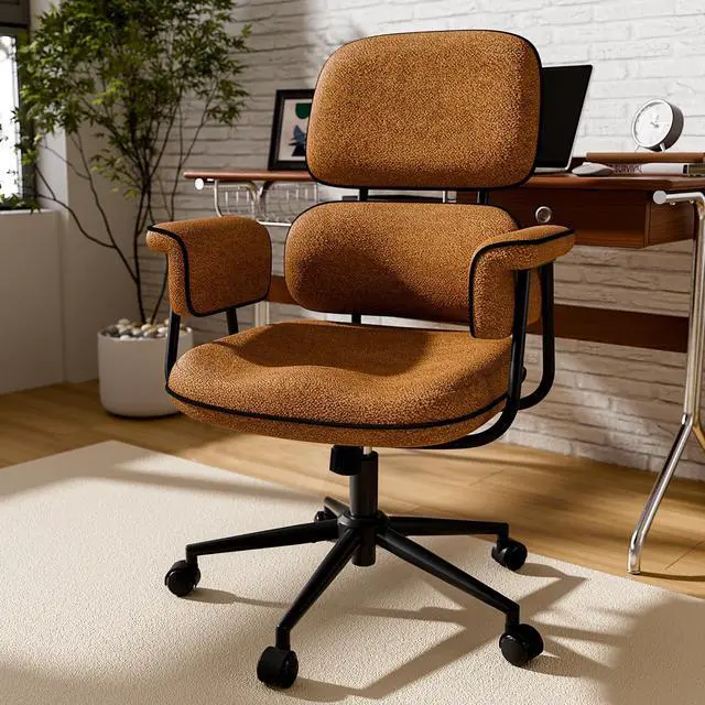 Main image of Brown Office Chair, Memory Foam Seat Mid Century Modern Desk Chair | 3.9" Sloped U-Shaped Memory Foam Cushion, Granular Linen Fabric, Lumbar Support, 1.2mm Sturdy Metal Tube, 400LBS Capacity