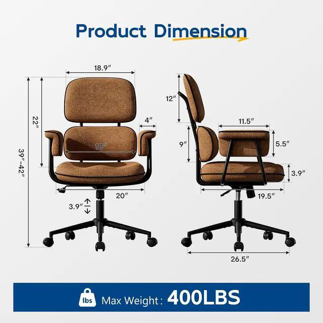Alt view image 2 of 6 - Brown Office Chair, Memory Foam Seat Mid Century Modern Desk Chair | 3.9" Sloped U-Shaped Memory Foam Cushion, Granular Linen Fabric, Lumbar Support, 1.2mm Sturdy Metal Tube, 400LBS Capacity