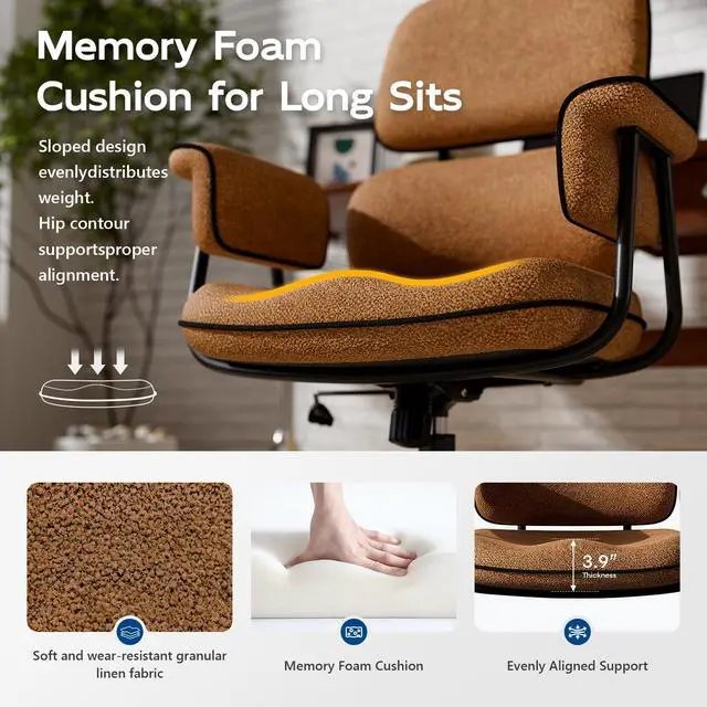 Alt view image 3 of 6 - Brown Office Chair, Memory Foam Seat Mid Century Modern Desk Chair | 3.9" Sloped U-Shaped Memory Foam Cushion, Granular Linen Fabric, Lumbar Support, 1.2mm Sturdy Metal Tube, 400LBS Capacity