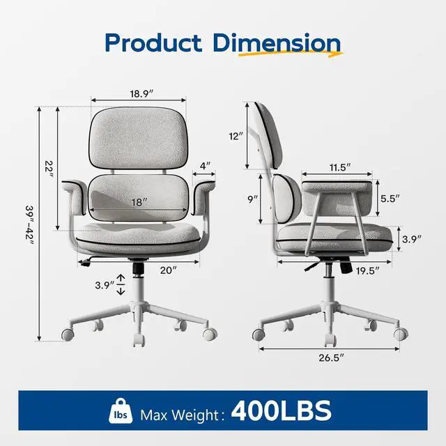 Alt view image 2 of 6 - White Office Chair, Memory Foam Seat Mid Century Modern Desk Chair | 3.9" Sloped U-Shaped Memory Foam Cushion, Granular Linen Fabric, Lumbar Support, 1.2mm Sturdy Metal Tube, 400LBS Capacity