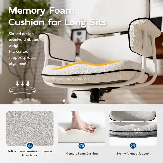 Alt view image 3 of 6 - White Office Chair, Memory Foam Seat Mid Century Modern Desk Chair | 3.9" Sloped U-Shaped Memory Foam Cushion, Granular Linen Fabric, Lumbar Support, 1.2mm Sturdy Metal Tube, 400LBS Capacity