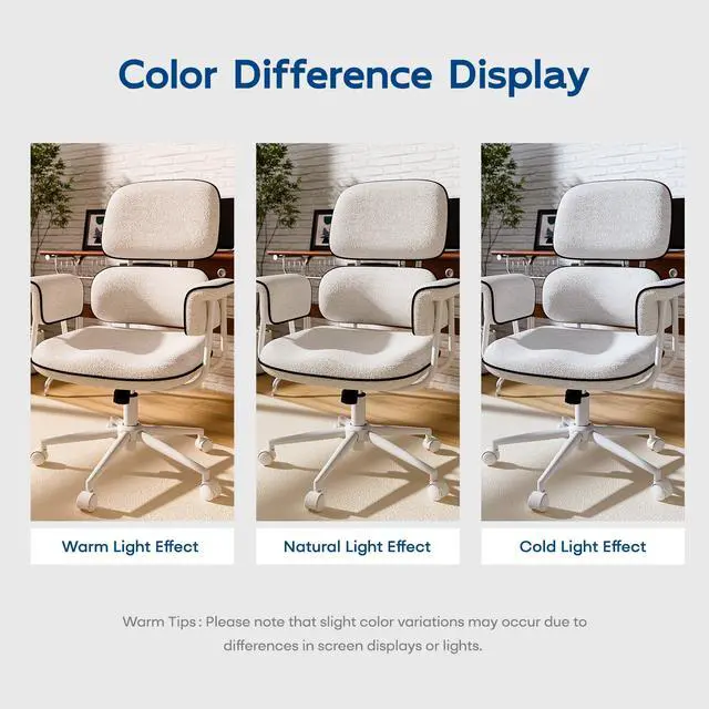 Alt view image 4 of 6 - White Office Chair, Memory Foam Seat Mid Century Modern Desk Chair | 3.9" Sloped U-Shaped Memory Foam Cushion, Granular Linen Fabric, Lumbar Support, 1.2mm Sturdy Metal Tube, 400LBS Capacity