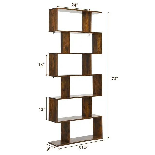 Alt view image 2 of 6 - 6 Tier S Shaped Bookshelf, 31.5''L x 9''W x 75''H, Wooden Bookcase and Bookshelves w/Anti-Toppling Device, Room Divider Display Shelves for Living Room, Home Decor, 6 Shelf Bookshelf