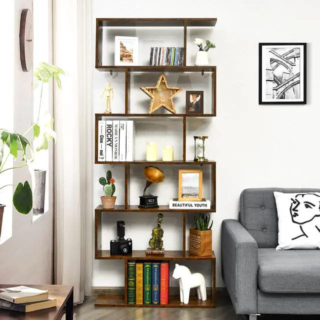 Alt view image 3 of 6 - 6 Tier S Shaped Bookshelf, 31.5''L x 9''W x 75''H, Wooden Bookcase and Bookshelves w/Anti-Toppling Device, Room Divider Display Shelves for Living Room, Home Decor, 6 Shelf Bookshelf