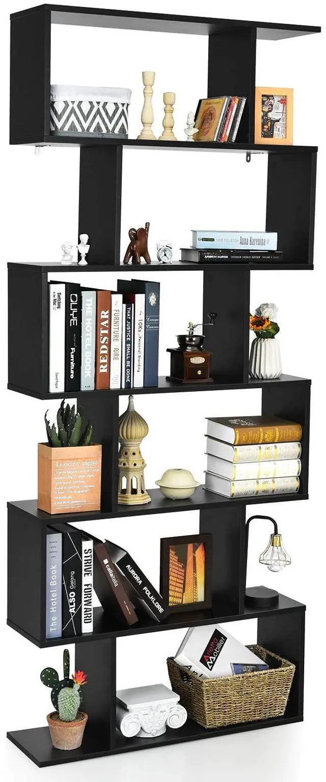 Main image of 6 Tier S Shaped Bookshelf, 31.5''L x 9''W x 75''H, Wooden Bookcase and Bookshelves w/Anti-Toppling Device, Room Divider Display Shelves for Living Room, Home Decor, 6 Shelf Bookshelf