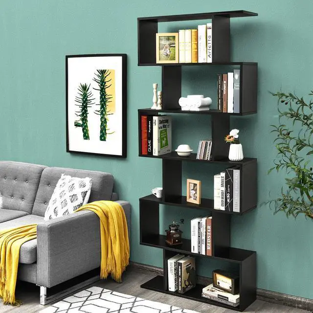 Alt view image 2 of 6 - 6 Tier S Shaped Bookshelf, 31.5''L x 9''W x 75''H, Wooden Bookcase and Bookshelves w/Anti-Toppling Device, Room Divider Display Shelves for Living Room, Home Decor, 6 Shelf Bookshelf