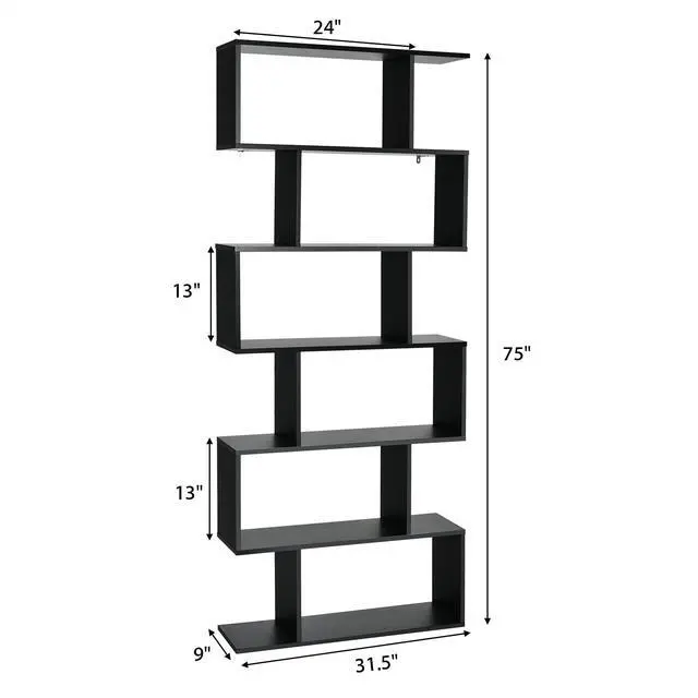 Alt view image 3 of 6 - 6 Tier S Shaped Bookshelf, 31.5''L x 9''W x 75''H, Wooden Bookcase and Bookshelves w/Anti-Toppling Device, Room Divider Display Shelves for Living Room, Home Decor, 6 Shelf Bookshelf