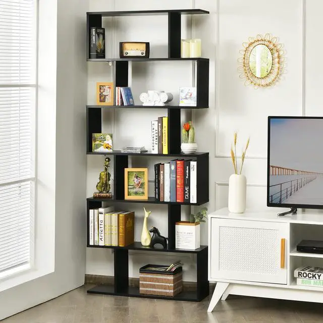 Alt view image 4 of 6 - 6 Tier S Shaped Bookshelf, 31.5''L x 9''W x 75''H, Wooden Bookcase and Bookshelves w/Anti-Toppling Device, Room Divider Display Shelves for Living Room, Home Decor, 6 Shelf Bookshelf