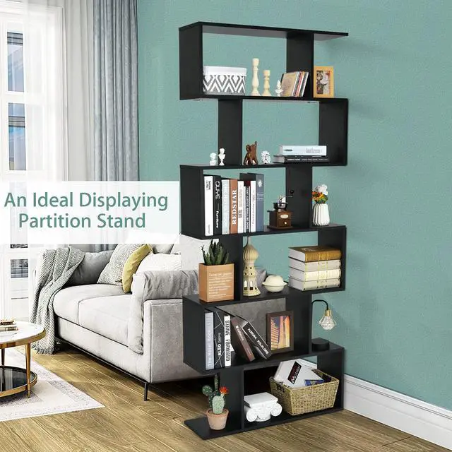 Alt view image 5 of 6 - 6 Tier S Shaped Bookshelf, 31.5''L x 9''W x 75''H, Wooden Bookcase and Bookshelves w/Anti-Toppling Device, Room Divider Display Shelves for Living Room, Home Decor, 6 Shelf Bookshelf