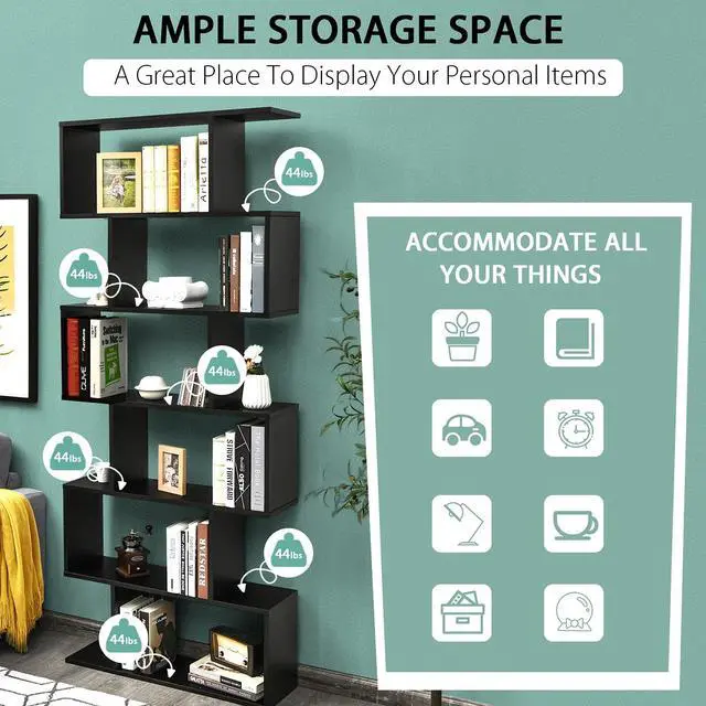Alt view image 6 of 6 - 6 Tier S Shaped Bookshelf, 31.5''L x 9''W x 75''H, Wooden Bookcase and Bookshelves w/Anti-Toppling Device, Room Divider Display Shelves for Living Room, Home Decor, 6 Shelf Bookshelf