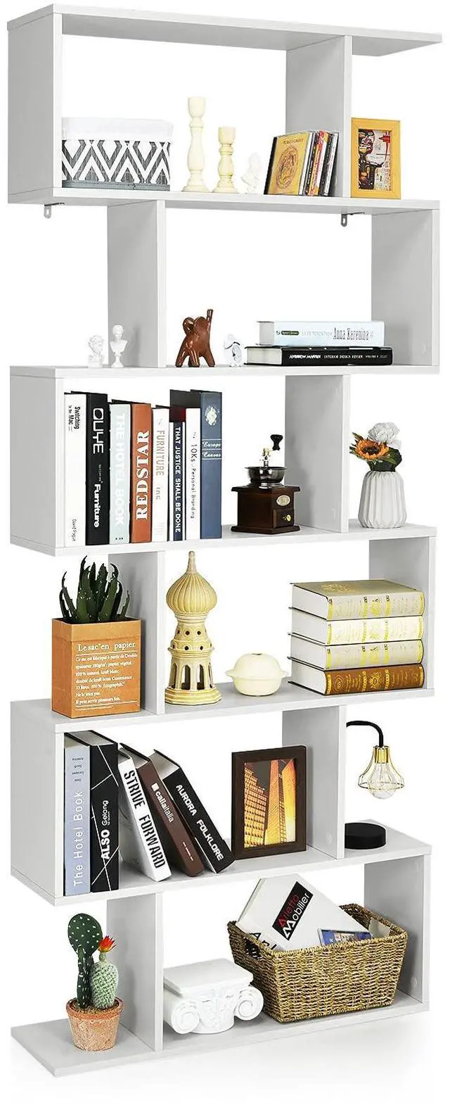 Main image of 6 Tier S Shaped Bookshelf, 31.5''L x 9''W x 75''H, Wooden Bookcase and Bookshelves w/Anti-Toppling Device, Room Divider Display Shelves for Living Room, Home Decor, 6 Shelf Bookshelf