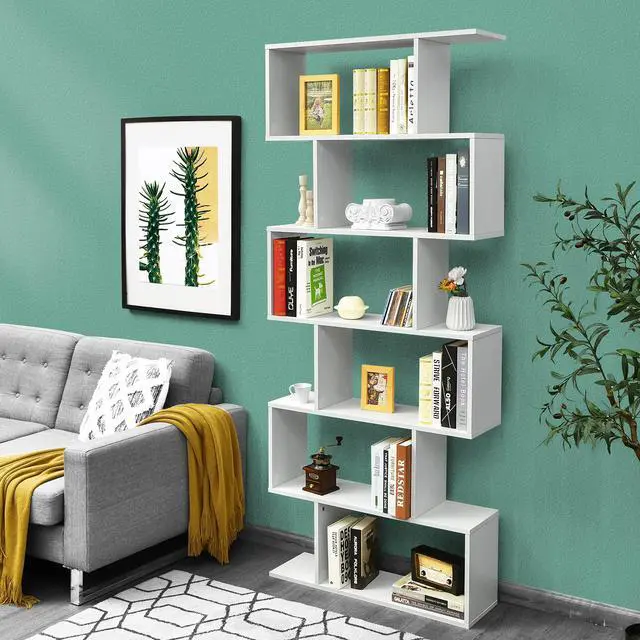 Alt view image 2 of 6 - 6 Tier S Shaped Bookshelf, 31.5''L x 9''W x 75''H, Wooden Bookcase and Bookshelves w/Anti-Toppling Device, Room Divider Display Shelves for Living Room, Home Decor, 6 Shelf Bookshelf