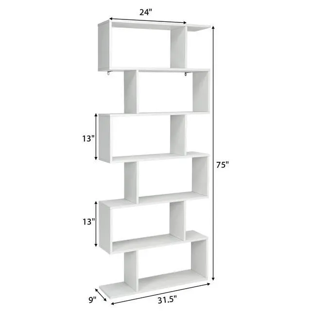 Alt view image 3 of 6 - 6 Tier S Shaped Bookshelf, 31.5''L x 9''W x 75''H, Wooden Bookcase and Bookshelves w/Anti-Toppling Device, Room Divider Display Shelves for Living Room, Home Decor, 6 Shelf Bookshelf