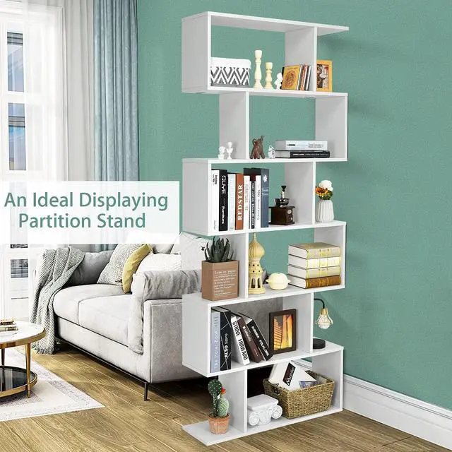 Alt view image 5 of 6 - 6 Tier S Shaped Bookshelf, 31.5''L x 9''W x 75''H, Wooden Bookcase and Bookshelves w/Anti-Toppling Device, Room Divider Display Shelves for Living Room, Home Decor, 6 Shelf Bookshelf