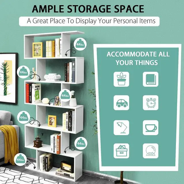 Alt view image 6 of 6 - 6 Tier S Shaped Bookshelf, 31.5''L x 9''W x 75''H, Wooden Bookcase and Bookshelves w/Anti-Toppling Device, Room Divider Display Shelves for Living Room, Home Decor, 6 Shelf Bookshelf