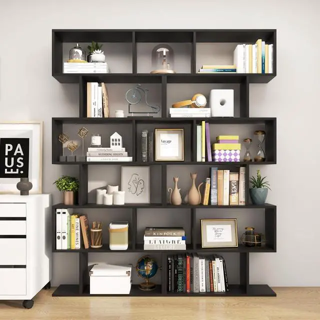 Main image of 6 Tier S Shaped Bookshelf, 31.5''L x 9''W x 75''H, Wooden Bookcase and Bookshelves w/Anti-Toppling Device, Room Divider Display Shelves for Living Room, Home Decor, 6 Shelf Bookshelf
