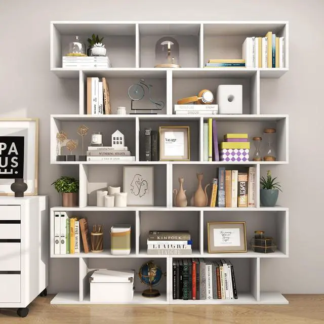 Main image of 6 Tier S Shaped Bookshelf, 31.5''L x 9''W x 75''H, Wooden Bookcase and Bookshelves w/Anti-Toppling Device, Room Divider Display Shelves for Living Room, Home Decor, 6 Shelf Bookshelf