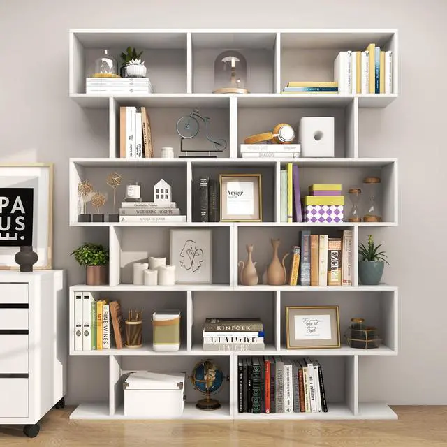Alt view image 3 of 6 - 6 Tier S Shaped Bookshelf, 31.5''L x 9''W x 75''H, Wooden Bookcase and Bookshelves w/Anti-Toppling Device, Room Divider Display Shelves for Living Room, Home Decor, 6 Shelf Bookshelf