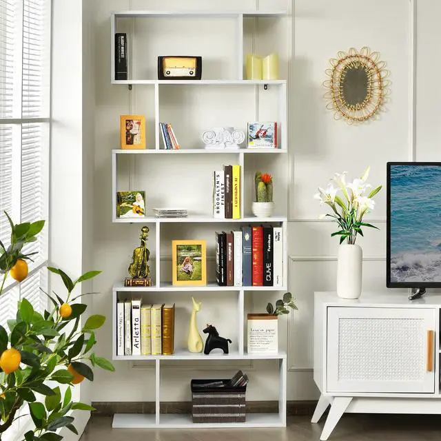 Alt view image 6 of 6 - 6 Tier S Shaped Bookshelf, 31.5''L x 9''W x 75''H, Wooden Bookcase and Bookshelves w/Anti-Toppling Device, Room Divider Display Shelves for Living Room, Home Decor, 6 Shelf Bookshelf