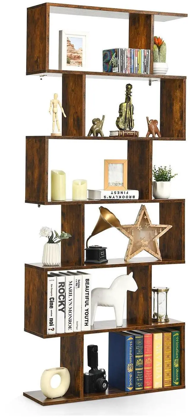 Main image of 6 Tier S Shaped Bookshelf, 31.5''L x 9''W x 75''H, Wooden Bookcase and Bookshelves w/Anti-Toppling Device, Room Divider Display Shelves for Living Room, Home Decor, 6 Shelf Bookshelf