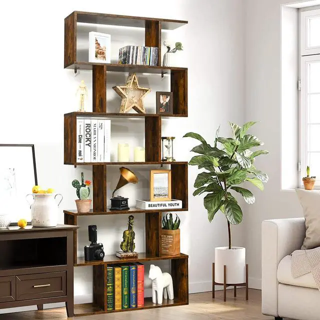 Alt view image 4 of 6 - 6 Tier S Shaped Bookshelf, 31.5''L x 9''W x 75''H, Wooden Bookcase and Bookshelves w/Anti-Toppling Device, Room Divider Display Shelves for Living Room, Home Decor, 6 Shelf Bookshelf