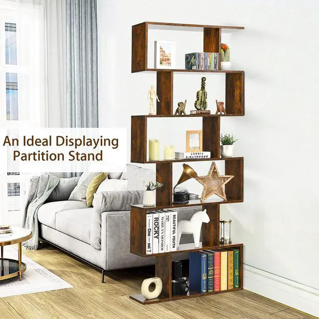 Alt view image 5 of 6 - 6 Tier S Shaped Bookshelf, 31.5''L x 9''W x 75''H, Wooden Bookcase and Bookshelves w/Anti-Toppling Device, Room Divider Display Shelves for Living Room, Home Decor, 6 Shelf Bookshelf