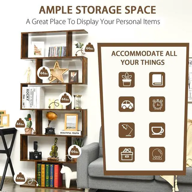 Alt view image 6 of 6 - 6 Tier S Shaped Bookshelf, 31.5''L x 9''W x 75''H, Wooden Bookcase and Bookshelves w/Anti-Toppling Device, Room Divider Display Shelves for Living Room, Home Decor, 6 Shelf Bookshelf
