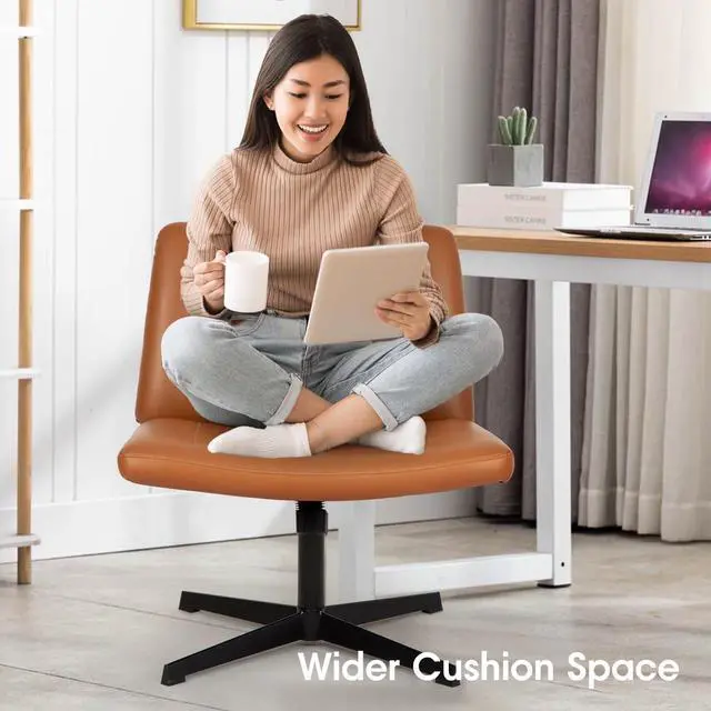 Alt view image 2 of 6 - Criss Cross Chair, Armless Cross Legged Office Chair, Comfortable Vanity Chair with Back, Fabric Adjustable Wide Swivel Criss Cross Desk Chair for Home Office, Brown